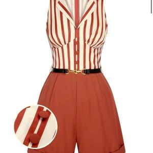 BRICK RED 1940S STRIPED LAPEL ROMPER
